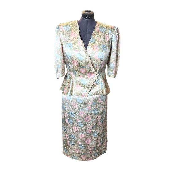 Vintage 1980s Risa Ann Floral Peplum Jacket & Skirt Set With Lace Trim Pastel Co - Picture 2 of 10